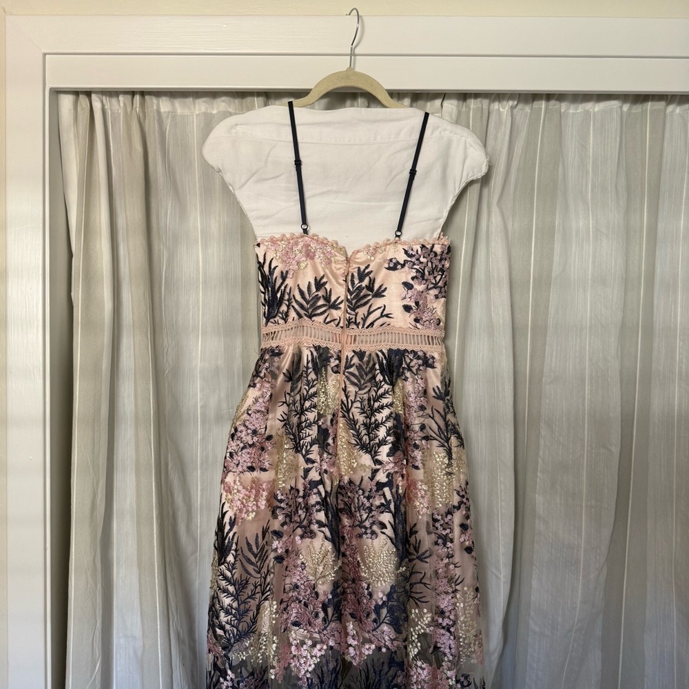 AQUA Embroidered Mesh Maxi Dress Blush Multi XS | Floral Lace Overlay Gown - Picture 8 of 12